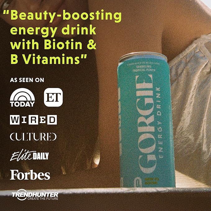 GORGIE Tropical Variety, Sugar-Free Natural Energy Drink Sparkling, Healthy Energy Drinks - Green Tea, Biotin, B Vitamins -150mg Caffeine, Vegan, & Low Calorie (Pack of 12)