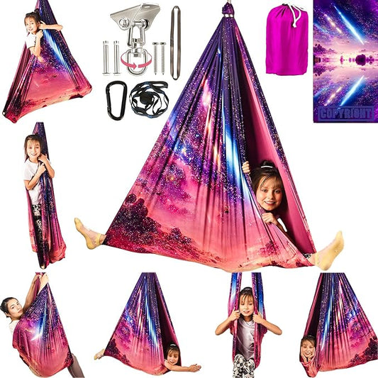 Double Layer Sensory Swing for Kids & Adults Holds up to 300lbs Indoor and Outdoor Therapy Cuddle Swing with 360° Swivel Hanger Kit Adjustable with Aspergers Autism ADHD (Fantasy Pink)