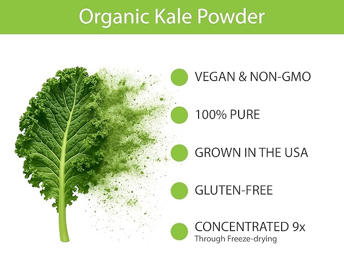 KOYAH - Organic USA Kale Powder (Equivalent to 30 Cups Fresh): Freeze-dried, Whole-Leaf Powder