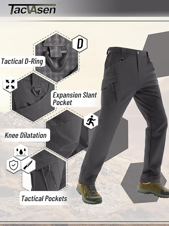 TACVASEN Men's Winter Pants 9 Pockets Fleece Snow Hiking Pants Water-Resistant Warm Softshell Thick Tactical Pants