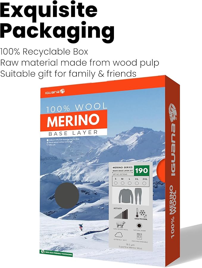 Iguana Mens 100% Merino Wool Base Layer Sets for Ski Lightweight Thermal Underwear