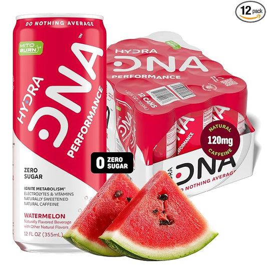 HYDRADNA- Clean Performance Drink, Zero Sugar | For Natural Fuel, Alertness, Boost, Stamina,120 mg Organic Caffeine, Natural Flavors, Zero Sucralose, Clean Ingredients (12 Pack) (12 Pack, Watermelon)