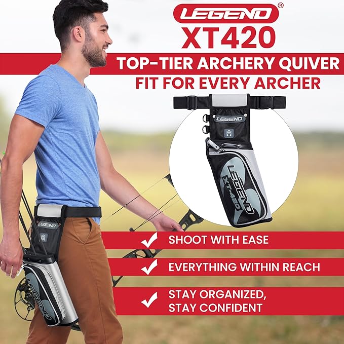 Legend XT420 Field Quiver - Left or Right-Handed Quiver Arrow Holder, Archery Quiver with 3 Arrow Tube, Durable Nylon Hip Quivers with Multiple Pockets for Archery Accessories, Score Card & Tools