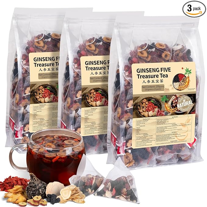 Ginseng Five Treasures Tea, Traditional Chinese Herbal Tea, Natural Organic Kidney Cleanse Detox Tea for Women & Men, 7 Precious Ingredients Formula(3 Pack/75 Bags)