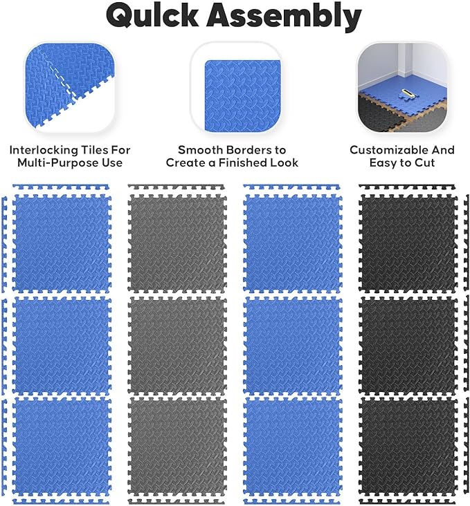 Home Gym Mat, Puzzle Exercise Mat, EVA Interlocking Foam Floor Tiles for Home Workout Equipment and Kids' Play Areas - Blue, 24 in x 24 in x ½ in - (Grey, 24 Pack, 96 SQ FT)