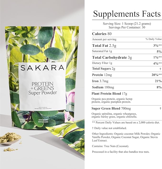 Sakara Protein + Greens Super Powder, 30 Servings - Organic Protein Powder Hemp, Pumpkin, Pea Protein, Organic Greens Powder Wheat Grass & Spirulina Superfood Powder, Vegan Protein Powder Greens Blend