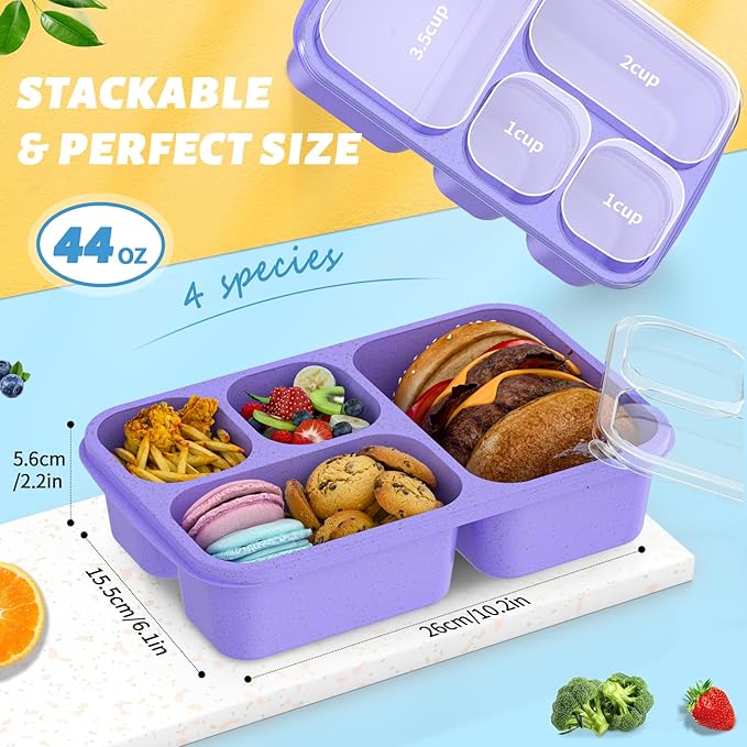 Large Capacity Bento Box for Adults, 4-Piece Set – Stackable Lunch Box with 4 Compartments, Microwave & Dishwasher Safe, Reusable Meal Prep Containers, Snack Containers for Kids & Adults (Purple)