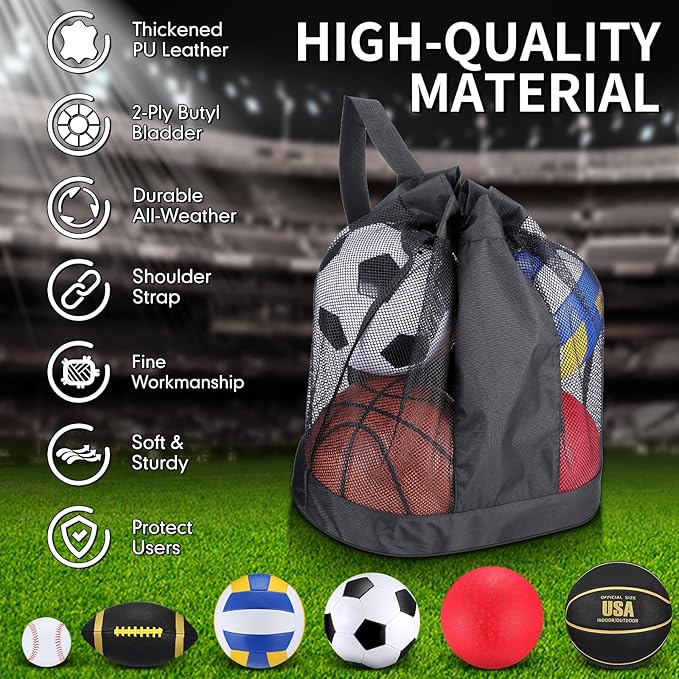 Libima 6 Pcs Multi Sport Ball Set Official Size Football, Basketball, Soccer, Volleyball, Playground Ball, Baseball with Sports Equipment Bag Pump for Teen Adult Christmas School Gift