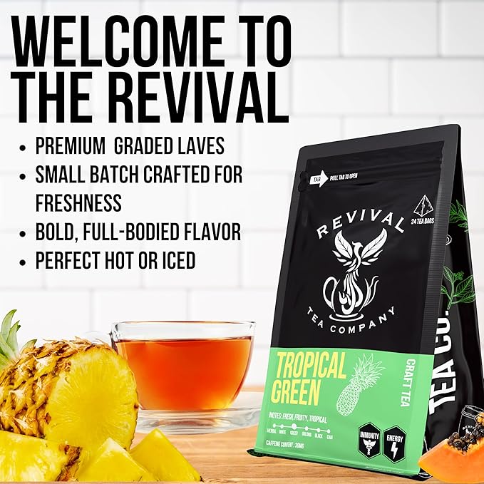 Revival Tea Company Tropical Green Tea - Green Tea Blend with Pineapple and Papaya Flavor - 24 Tea Bags