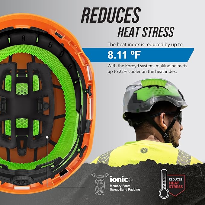 GE Safety Helmet: ANSI Type 2 Class G & E, Advanced Impact Technology, Ultra Comfortable Memory Foam, Heat Stress Reduction, Compatible with Accessories, Adjustable Size OSHA Approved