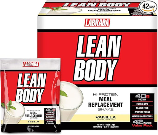 Labrada Lean Body MRP All-In-One Vanilla Meal Replacement Shake, 40g Protein, Whey Blend, 8g Healthy Fats EFA's & Fiber, 22 Vitamins and Minerals , No artificial color, Gluten Free, (42 Packets)