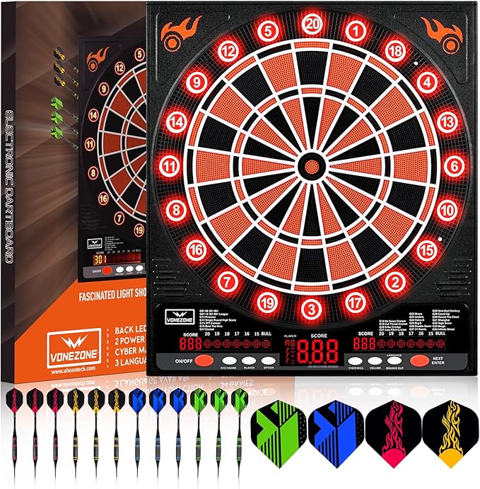 Electronic Dartboard, Electric Dart Boards for Adults,Electronic Scoreboard, Light-Up Led Display, 12 Darts Soft Tip Professional Dart Board and Extra Tips, Up to 8 Players