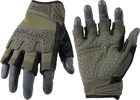 HANDLANDY Tactical Fingerless Impact Gloves for Men, Padded Grip Half Finger Work Gloves, Utility Trucker Driver Gloves (Army Green, X-Large (Pack of 1))