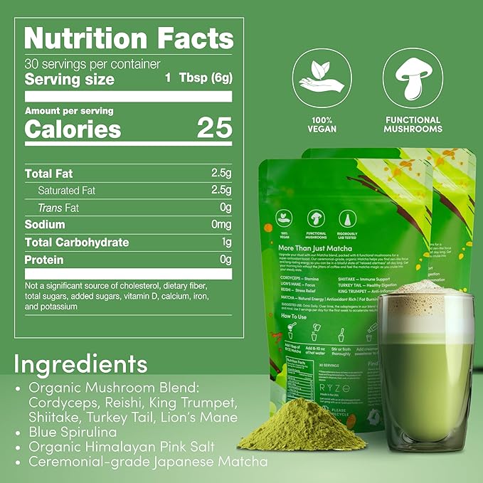 RYZE SUPERFOODS Mushroom Matcha Starter Kit, USDA Organic with 6 Adaptogenic Mushrooms and Ceremonial-Grade Matcha, Energy, Focus, Digestion, Immunity with Turkey Tail, Shiitake, Reishi, 60 servings