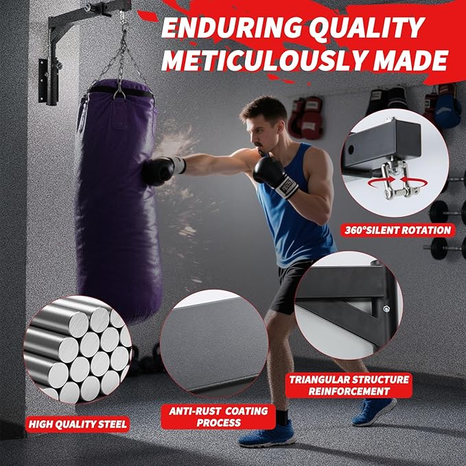 Heavy Bag Hanger Wall Mount Punching Boxing Bag Bracket -Square Tube, Heavy Duty Adjustable Length & Height for Boxing, Taekwondo, Muay Thai Bags, for Home Gym Installation
