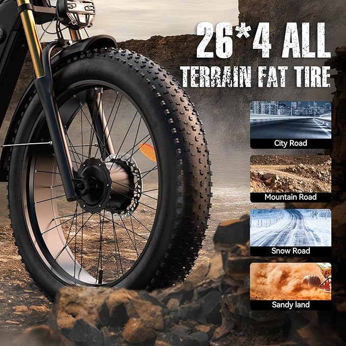 Electric Bike for Adult, 52V 20Ah Peak 3000W Dual Motor 26" Fat Tire Ebike, Max 38Mph & 35-90 Miles Full Suspension, Mountain E Bicycle for Men