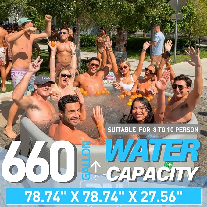 Inflatable Octagonal Ice Bath Tub for Groups, Party Cold Plunge Tub with Insulated Lid, Water Chiller Compatibility, EVA Groundsheet, Backpack, 660 Gallon, 78.74" L x 78.74" W x 27.56" H