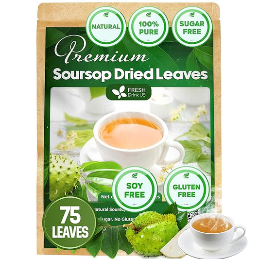 FreshDrinkUS, 75+ Premium Soursop Graviola Dried Leaves Tea, Natural Whole Leaves, Wildcrafted, Hoja De Guanabana, Soursop/Guanabana/Graviola Tea, No Sugar/Gluten/Caffeine/Non GMO, Vegan