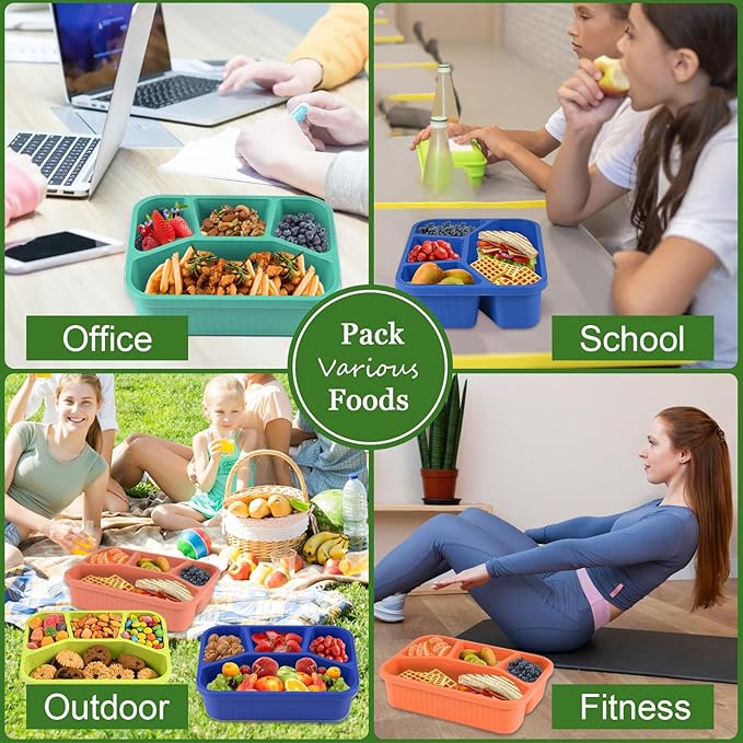 4 Pack Bento Box Lunch Box Container for Adult Kid, 4 Compartment Meal Prep Containers with Lids, Reusable Snack Box Container for Work Travel Picnic, Microwave & Dishwasher Safe