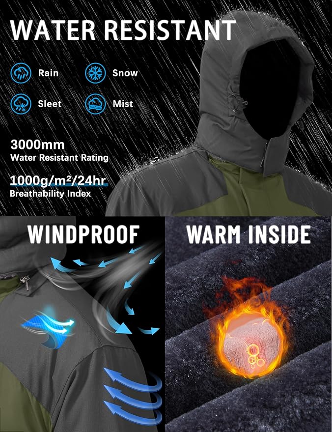 TACVASEN Winter Jacket Men's Water-Resistant Fleece Jacket Snow Ski Jacket Military Tactical Jacket Coat Parka Hood Raincoat