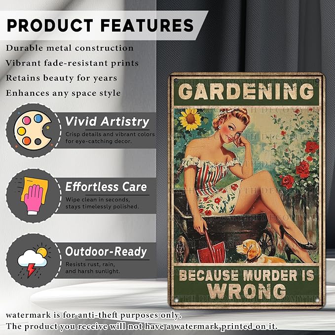 Gardening Because Murder Is Wrong Vintage Metal Tin Sign Rustic Wall Decor Outdoor Garden Art Yard Plaque Retro Home Decor Gift for Women Gardener Lovers 12 * 8inch