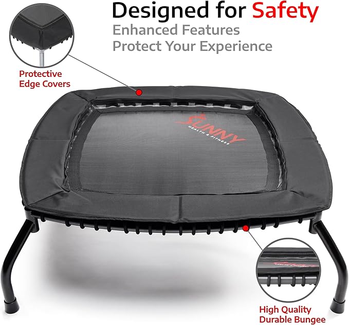 Sunny Health & Fitness Springless Mini Fitness Trampoline – Premium Adjustable Bungee-Style Indoor/Outdoor Exercise Rebounder for Quieter and Safer Workouts