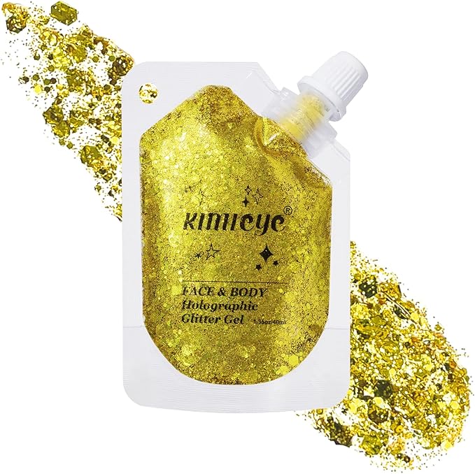 Holographic Face Glitter Gel Body Shimmer Makeup for for Hair, Face, Clavicle, Arm, Nail, Eyeshadow, Long Lasting Waterproof Mermaid Sequins Party Glitter for Rave Festival, 1.35oz (Pure Gold #11)