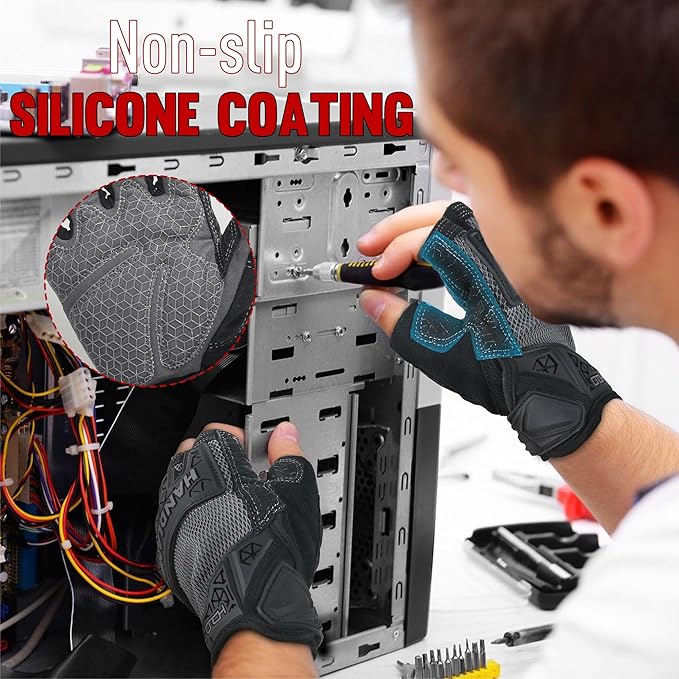 HANDLANDY Fingerless Work Gloves for Men, Padded Half Finger Tactical Mechanics Gloves, Utility Trucker Driver Gloves (Grey, Medium (Pack of 1))