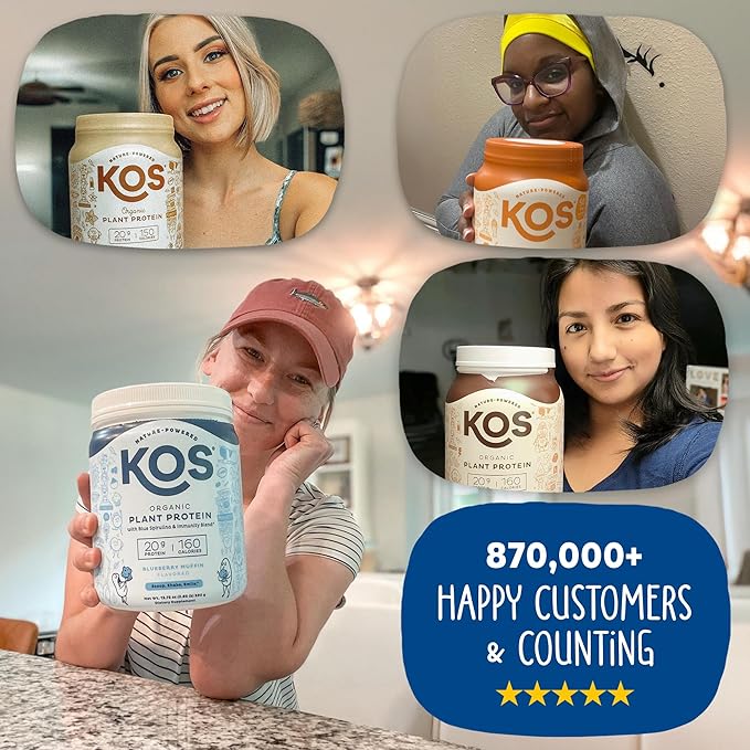 KOS Plant Based Protein Powder, Blueberry Muffin - Organic Pea Protein Superfood with Spirulina and Immune Support Blend. Soy, Gluten, Dairy Free - Vegan Meal Replacement for Women & Men - 15 Servings