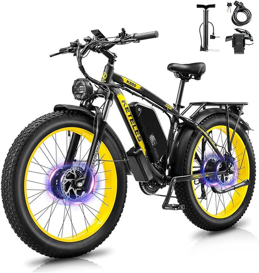 Electric Bike for Adults, AWD Ebike Dual Motor, 26'' Fat Tire Peak 4000W Ebikes with 48V 23AH Battery Hydraulic Brake Electric Bicycle, 21 Speed Dirt Bikes UL Certified