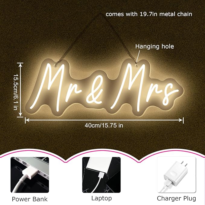 Mr&Mrs LED Neon Sign Wedding & Reception Decor Illuminating Wall Art New Couples Gift Cool LED Sign with 5V Power Supply