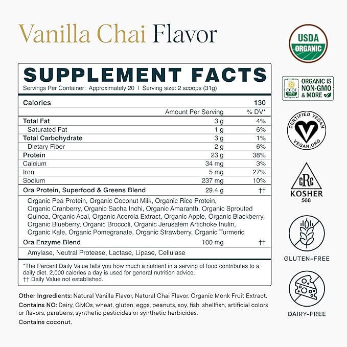 Ora Organic Vegan Protein Powder - 23g Plant-Based Protein Powder for Women and Men | Clean Protein Source, Keto Friendly, Gluten Free, Paleo, Dairy-Free, Soy-Free - Vanilla Chai - 20 Servings