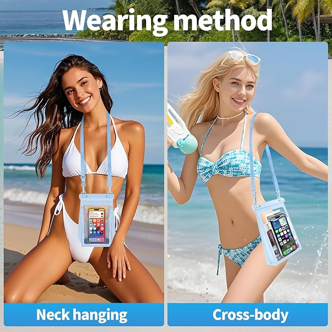 Large Waterproof Phone Pouch Floating, [Double Seals] IPX8 Waterproof Pouch for Beach Vacation, Cell Phone Dry Bag for iPhone Samsung Google All Phones Light Blue