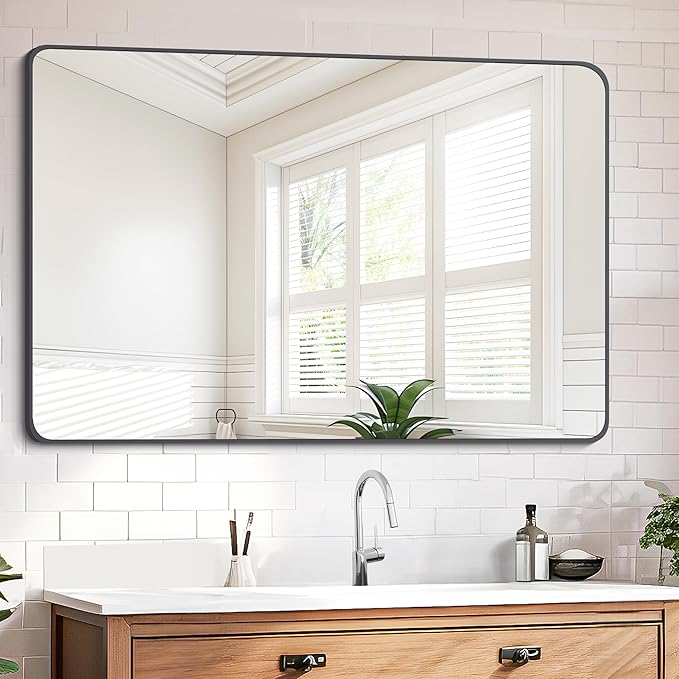 FORBATH Black Bathroom Mirror, Rectangular Vanity Mirror 26" X 38" Wall Mounted Rounded Corner Farmhouse Metal Framed Bath Mirror for Living Room Bedroom Entryway Decor, Hangs Horizontal or Vertical