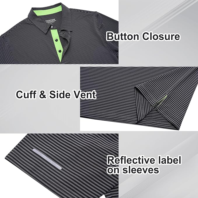 Golf Shirts for Men - Moisture Wicking Short Sleeve Performance Sport Casual Striped Collared Mens Polo Shirt