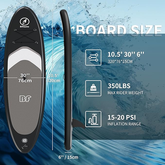 Inflatable Stand Up Paddle Board with SUP Accessories & Backpack. Paddle Boards for Adults. Non-Slip Deck, Wide Stance, Bottom Fin, Double Action Pump.