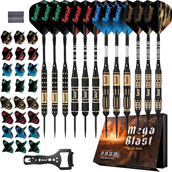 IgnatGames Premium Steel Tip Darts – 3/6/12 Pack Brass Barrels with Aluminum Shafts, 16 GlideXPro Flight Set, Tool Kit & Giftable Case