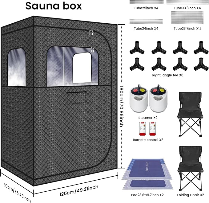 MIXC Full Body Portable Personal Saunas Box for Home, 2 Person Steam Sauna at Home Spa with 2.6L & 1500W, Two-Person with 2 Foldable Chairs, Remote Control, Home Sauna for Gym, Black