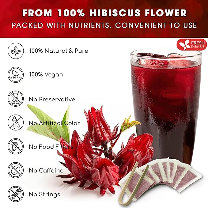 FreshDrinkUS, Premium 60 Hibiscus Flowers Tea Bags, 100% Natural & Pure, Loose Flower Herbal Tea. No Sugar, No Caffeine, No Gluten, Vegan. Great To Drink Hot Or Ice Tea
