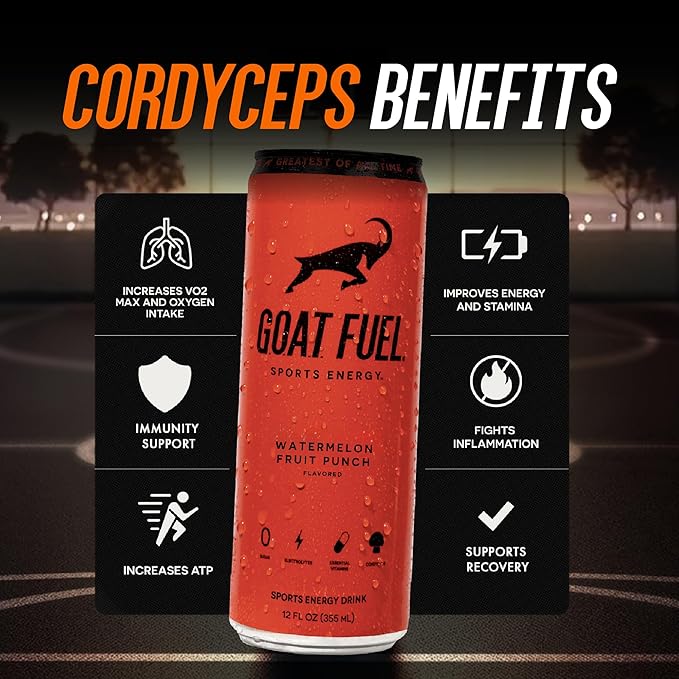 G.O.A.T. Fuel Energy Drink, Co-Founded by Jerry Rice, Natural Caffeine, Electrolytes, BCAAs, Cordyceps & Antioxidants, Light Carbonation Pre Workout, 12 Pack, 12 FL Oz, Watermelon Fruit Punch