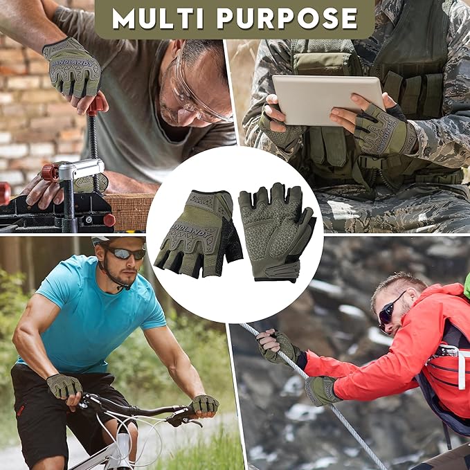 HANDLANDY Tactical Fingerless Impact Gloves for Men, Padded Grip Half Finger Work Gloves, Utility Trucker Driver Gloves (Army Green, X-Large (Pack of 1))