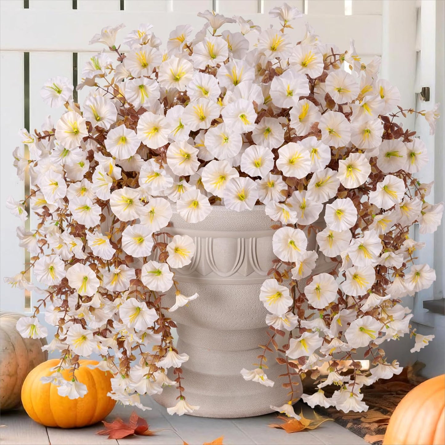 Fake Mums Artificial Fall Hanging Flowers for Outdoors Decoration, 2 PCS Faux Silk Morning Glory with Bown Eucalyptus UV Resistant Plants for Wall Home Porch Patio Balcony Yard Indoor Decor (White)