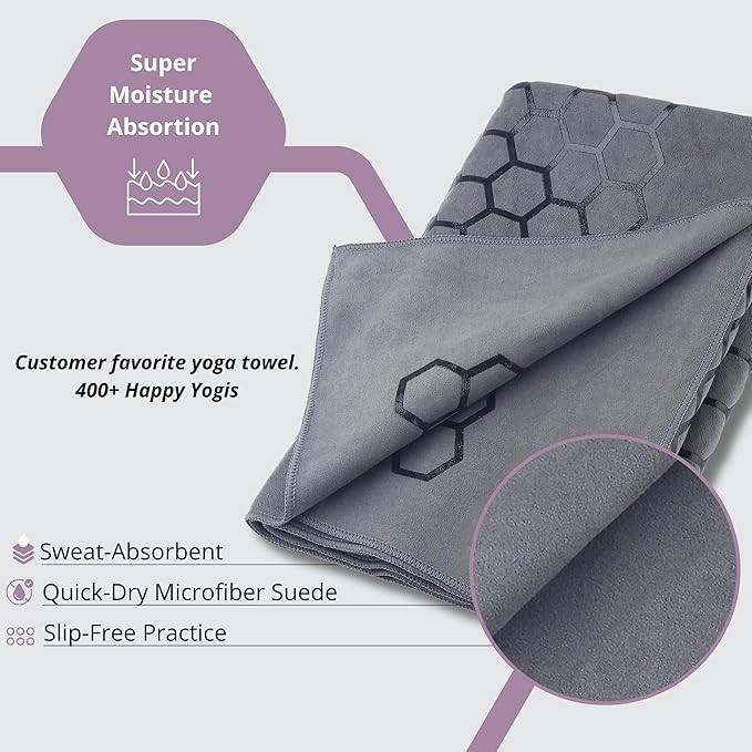 Clever Yoga Non-Slip Hot Yoga Towel – Non-Slip Grip for Hot Yoga, Sweat Absorbent, Honeycomb Silicone Grip, Stays Flat – Ideal for Pilates, Travel, Washable & Lightweight - Gray