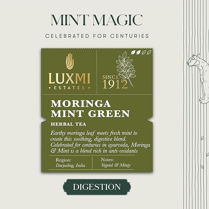 Luxmi Estates Moringa Mint Organic Moringa Mint Green Tea (50 Tea Bags) Caffeine Free Tea Bags For Digestion, Detox, and Stress Relief, With Certified Organic Herbal Tea