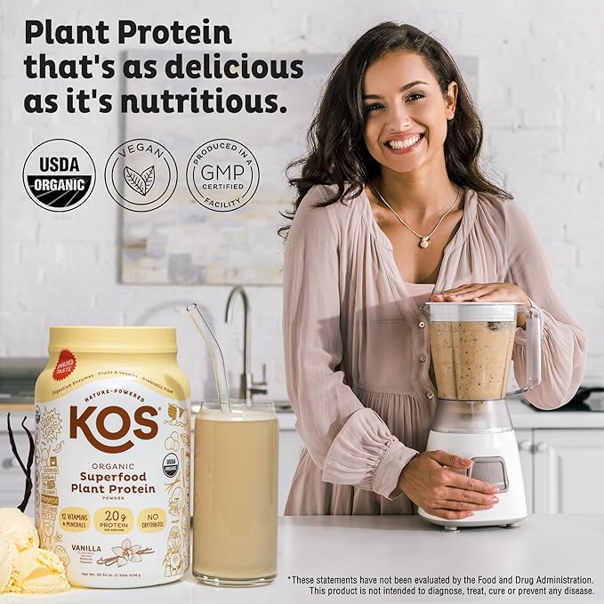 KOS Vegan Protein Powder Erythritol Free, Vanilla USDA Organic - Pea Protein Blend, Plant Based Superfood Rich in Vitamins & Minerals - Keto, Dairy Free - Meal Replacement for Women & Men, 28 Servings