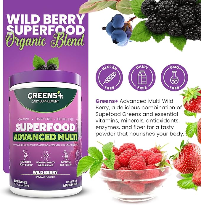 Greens+ Advanced Multi Wild Berry Superfood Powder, Organic Blend, Vegan, Non-GMO, Soy-Free, Dairy-Free, Gluten-Free, Dietary Supplement with Vitamins & Minerals, 9.4 oz