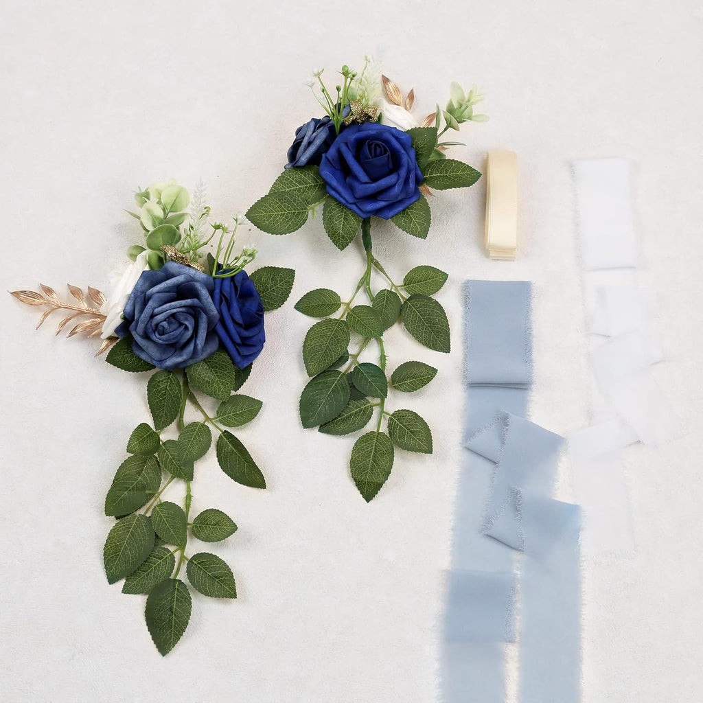 Wedding Aisle Decorations for Wedding Ceremony Set of 10 Pew Flowers for Church Chair Decorations Party Decor with Artificial Flowers Eucalyptus and Ribbons Blue