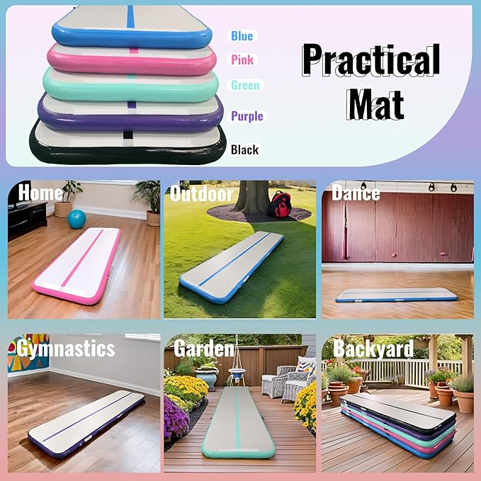 DOBESTS Inflatable Air Gymnastics Mat Tumbling Mat Tumble Track Gymnastics Training for Kids Home 6.6 feet 10 feet 13feet 16feet 20feet 4/8inch Thick for Cheerleading Dance Yoga Cheer Water With Pump