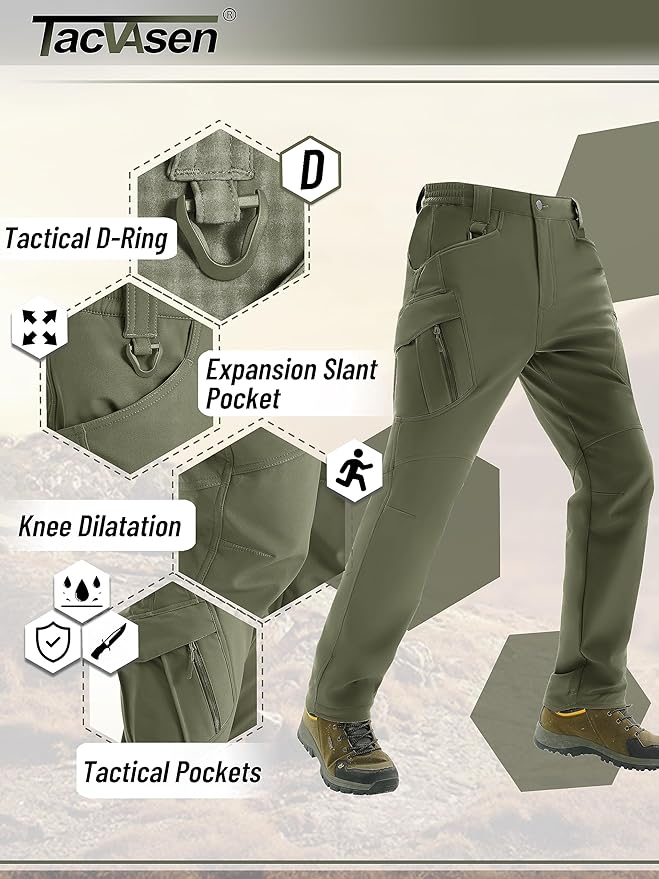 TACVASEN Men's Winter Pants 9 Pockets Fleece Snow Hiking Pants Water-Resistant Warm Softshell Thick Tactical Pants