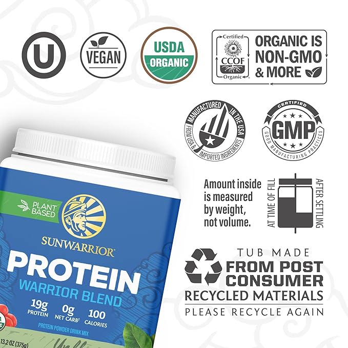 Sunwarrior Organic Plant Based Protein Powder | Vegan Organic Protein Powder Unflavored with BCAA Amino Acids & Hemp Seed Pea Blend | Non-GMO Soy Dairy Filler & Gluten Free (Unflavored, 15 Servings)